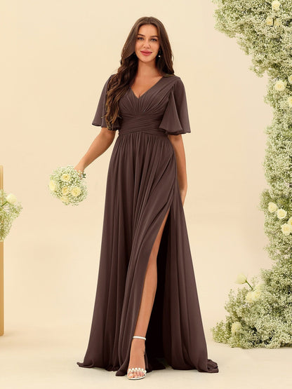 A-Line/Princess V-Neck Half Sleeves Chiffon Bridesmaid Dresses With Pockets & Split Side