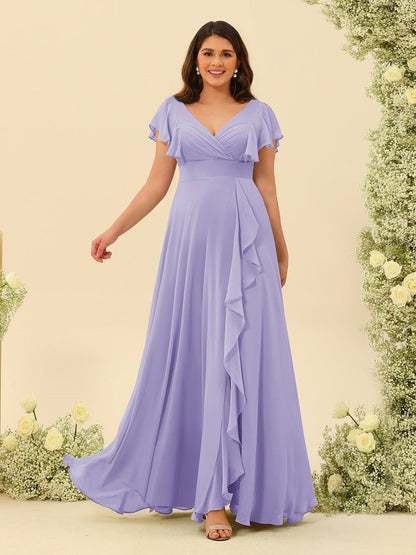 A-Line/Princess V-Neck Plus Size Bridesmaid Dresses with Ruffles