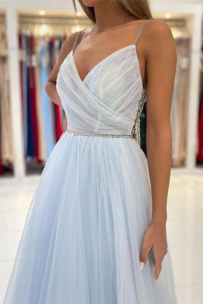 Light Sky Blue Spaghetti-Straps Tulle Long Prom Dress With Beads  PD0678