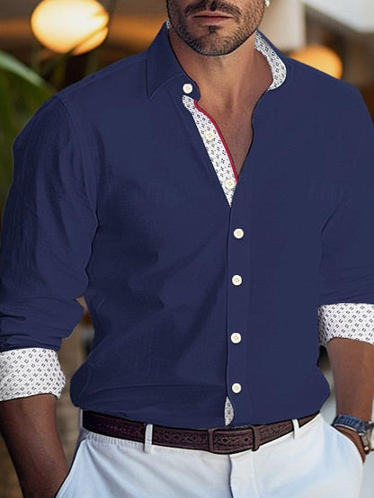 Men's Casual Polyester Long Sleeves Color Block Shirt