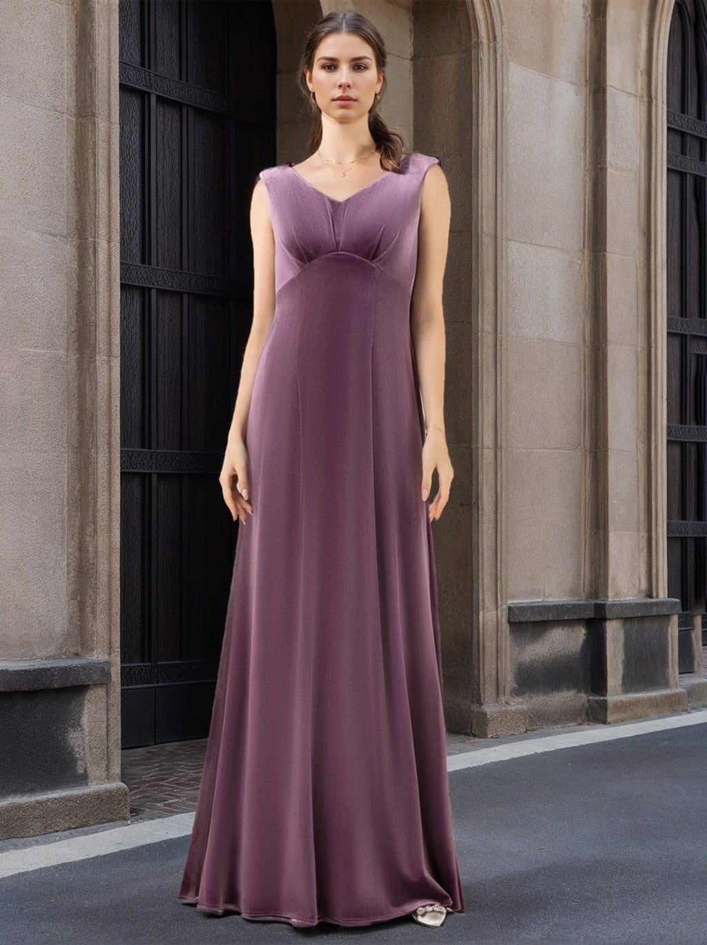 A Line/Princess V-Neck Sleeveless Floor-Length Velvet  Bridesmaid Dresses with Ruffles