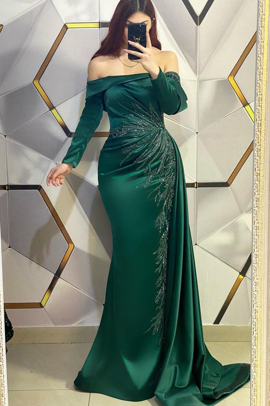 Glamorous Off-the-shoulder Dark Green Prom Dress Pleated Mermaid Dress EP0289