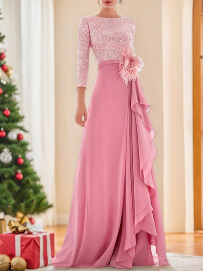 A-Line/Princess Jewel Neck Long Sleeves Asymmetrical Mother of the Bride Dresses With Sequin & Feather & Pearls