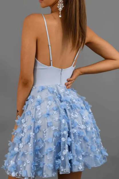 A-Line V Neck Spaghetti Straps Light Blue Lace Above Knee Homecoming Dresses Short Prom Dresses  gh802