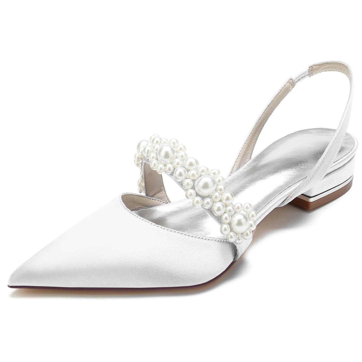 Women's Wedding Shoes Silk Satin White Pearl Low Pointed Toe Buckle Bridal Shoes