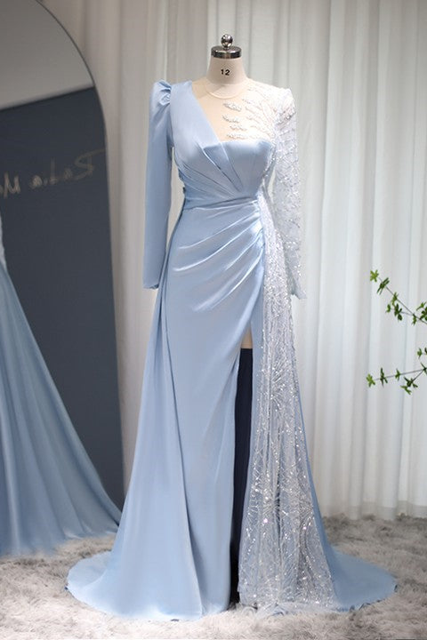 edgynewlook Baby Blue A Line Prom Dress Long Sleeves With Sparkle Sequins Ruffles