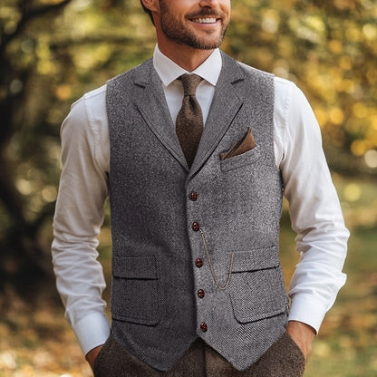 Men's Herringbone Standard Fit Notch Single Breasted Five-buttons Tweed Vest