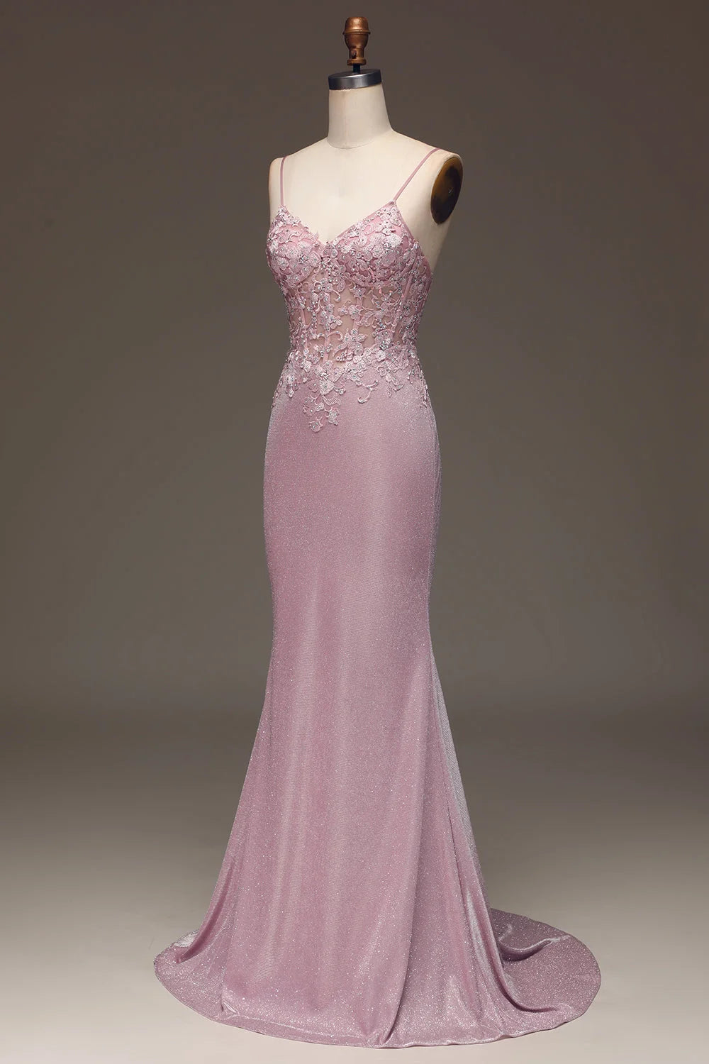 Elegant Pink Spaghetti Straps Embroidery Prom Dress Shining Mermaid Dress YX0045