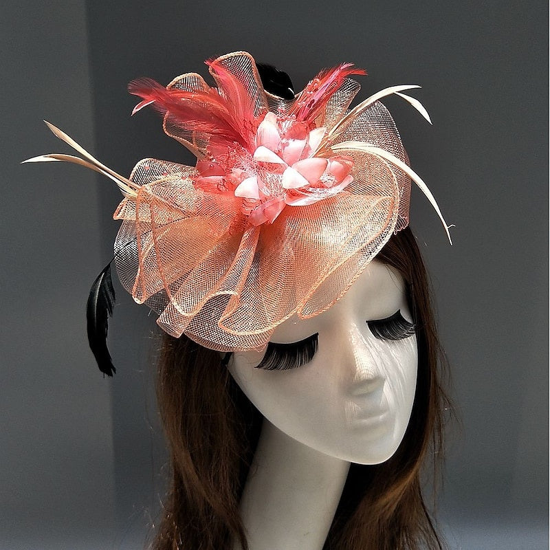 Elegant Net Saucer Hat Fascinator Hats Headpiece Flower Feather & Beading