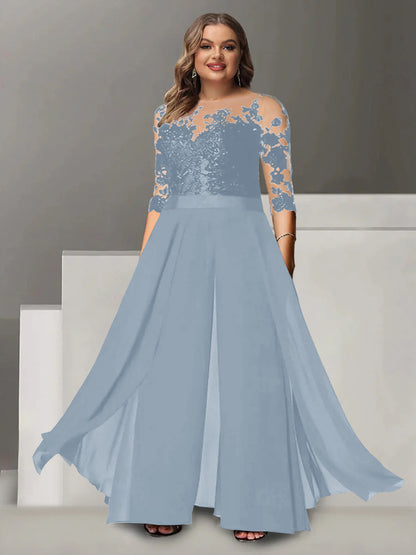 A-Line/Princess Jewel Neck 3/4 Length Sleeves Floor-Length Plus Size Mother of the Bride Pantsuits with Applique