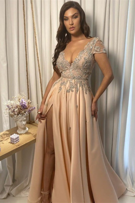 Champagne Lace V Neck Applique With Split Prom Dress ED0624