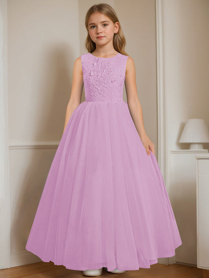 A-Line/Princess Round Neck Sleeveless Floor-Length Flower Girl Dress with Appliques