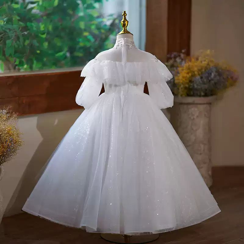 Half Sleeves High Neck A-Line/Princess Flower Girl Dress with Rhinestone Appliques