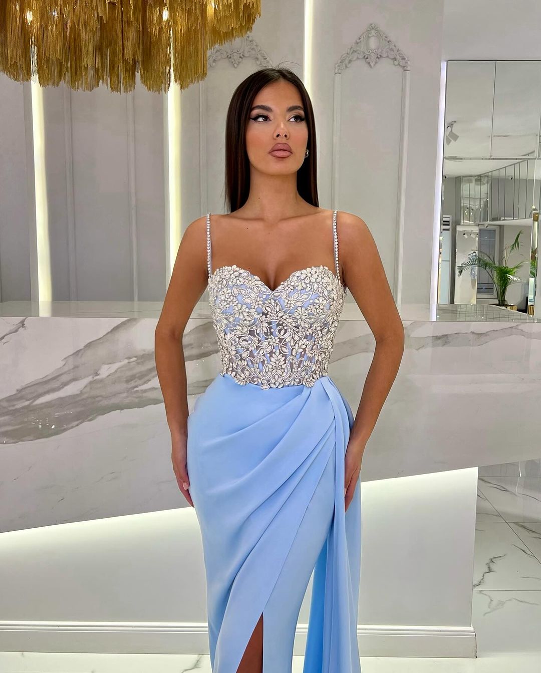 Prom Dress Baby Blue With High Slit Spaghetti Strap Sweetheart Appliques YL0309