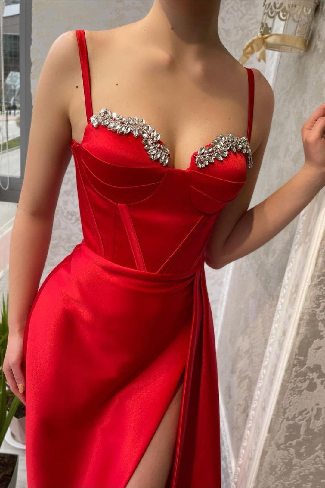 Red Prom Dress Spaghetti Strap Gown With Beading High Slit Charmeuse YL0147