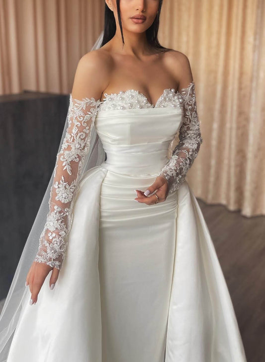 Sheath/Column Off-the-Shoulder Floor-length Lace Wedding Dress