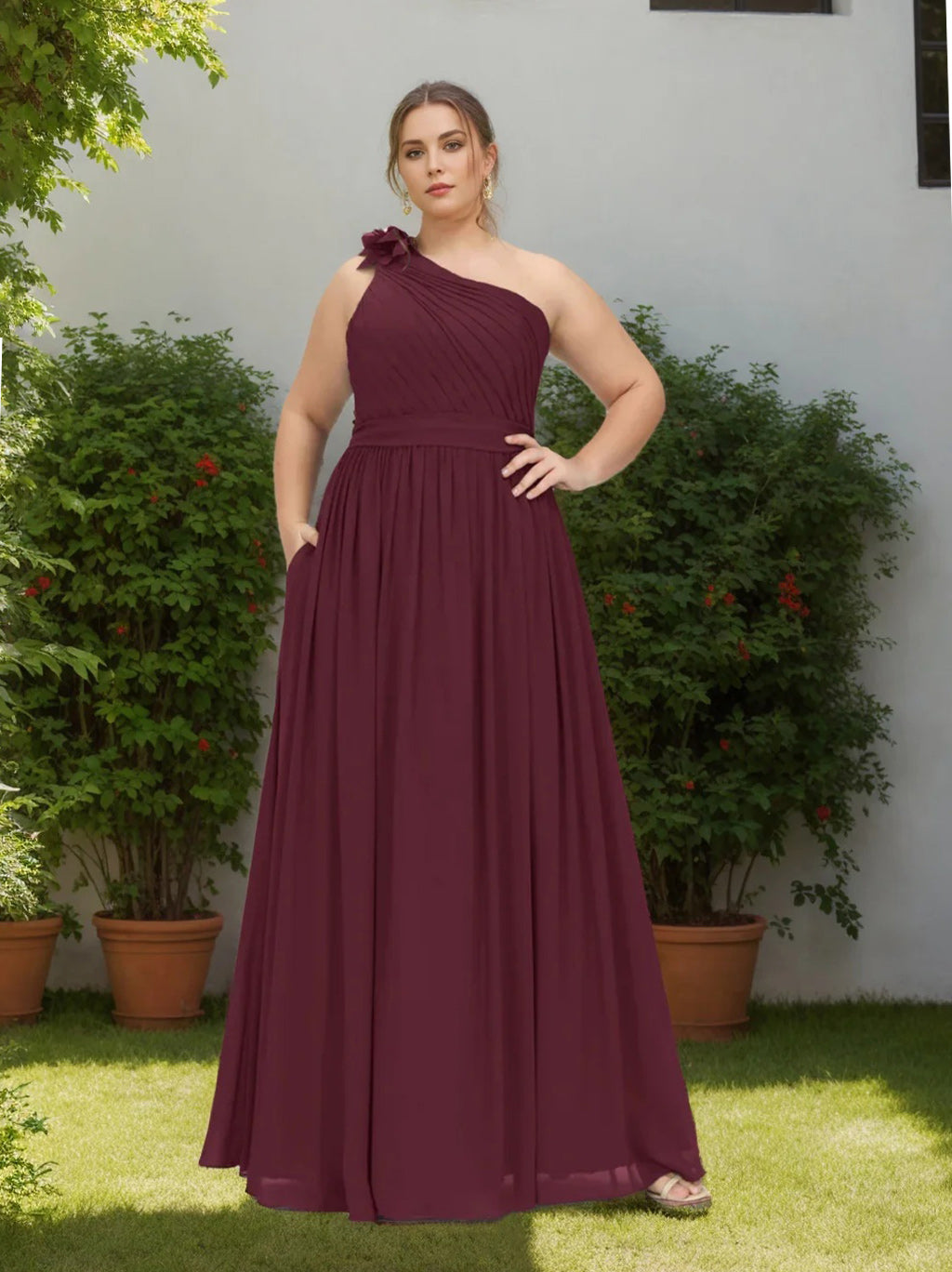 A-Line/Princess One-Shoulder Sleeveless Floor-Length Chiffon Plus Size Bridesmaid Dress With Ruffles