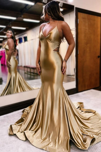 Glamorous Golden Prom Dress V Neck Mermaid Sleeveless Backless YH0008