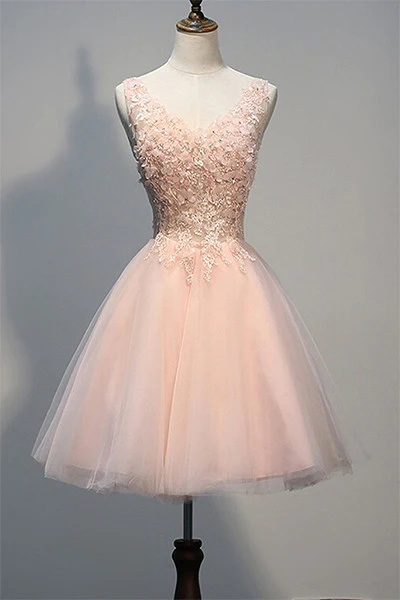 Blush Pink Lace Beaded Backless V-neck Sweet 16 Cocktail Dress Homecoming Dresses gh887