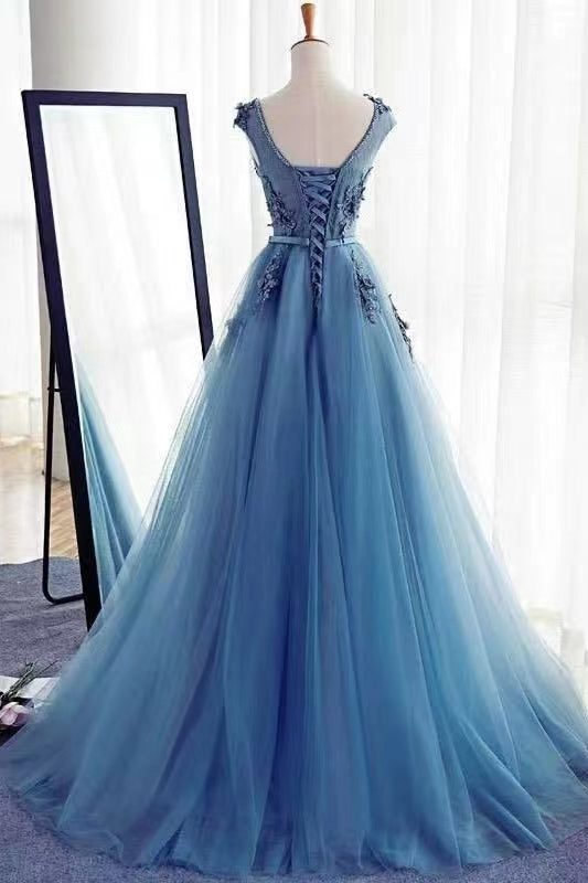 Gorgeous Jewel Sleeveless A-Line Tulle Prom Dress With Appliques ED0376