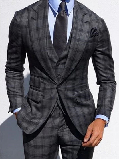 Dark Gray Men's Wedding Plaid Checkered Tailored Fit Single Breasted Suits 3 Piece