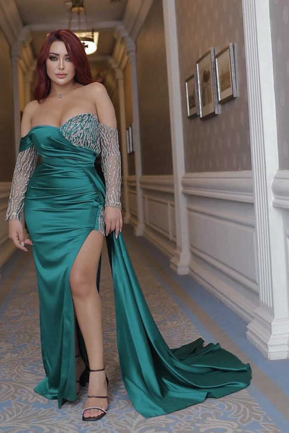 Edgynewlook Sexy Emerald Green Off-the-shoulder Long Sleeves Mermaid Prom Dress with Beadings Split