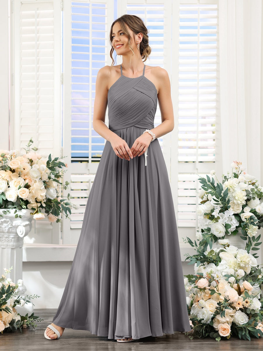 A-Line/Princess Halter Sleeveless Floor-Length Chiffon Bridesmaid Dresses with Ruched