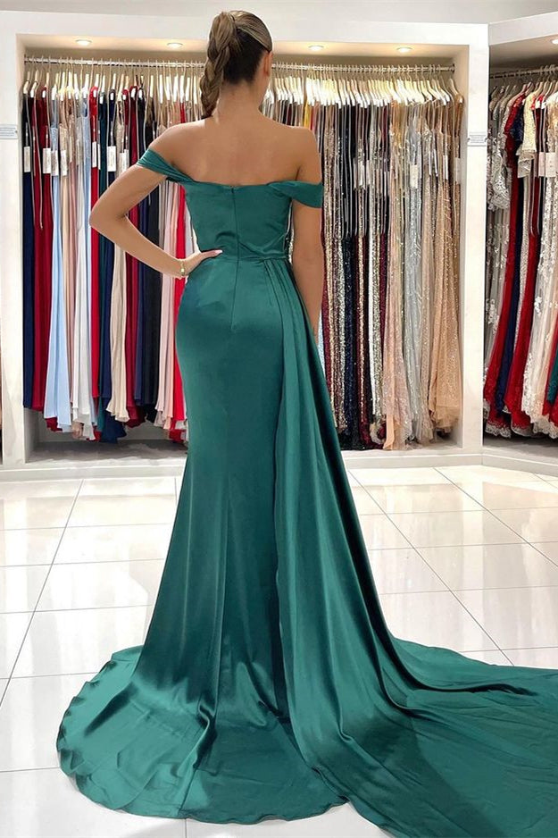 Dark Green Off-the-Shoulder Mermaid Long Prom Dress Split With Ruffles PD0680