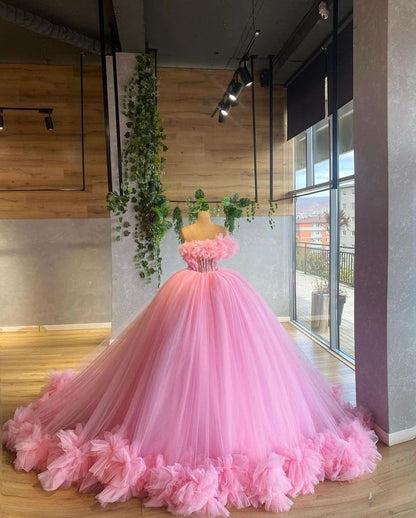 Pink Gorgeous One Shoulder Rhinestone Corset Ruffle Fluffy Tulle Long Ball Gown Evening Dress Wedding Dress gh3134