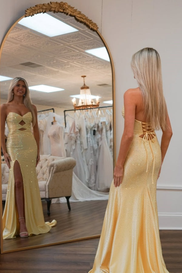 Lovely Light Yellow Diamonds Strapless Split Prom Dress ZT0284