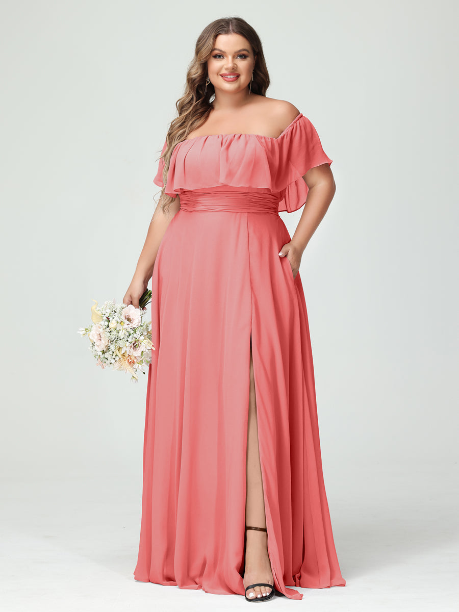 A-Line/Princess Off-the-Shoulder Short Sleeves Chiffon Plus Size Bridesmaid Dresses with Pockets & Split Side