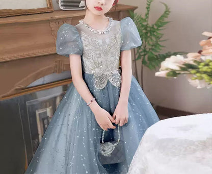 Beading Round Neck Short Sleeves Princess Girl Party Dress with Crystal Appliques