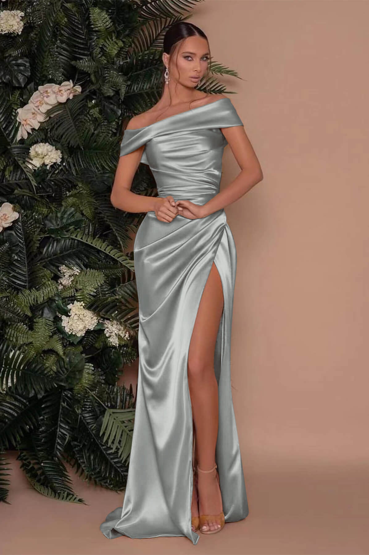 Champagne Off The Shoulder Charmeuse Prom Dress Split Mermaid ED0111