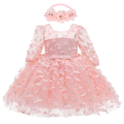 A-Line/Princess Scoop Neck 3/4 Length Sleeves Knee-Length Flower Girl Dress with 3D Butterfly