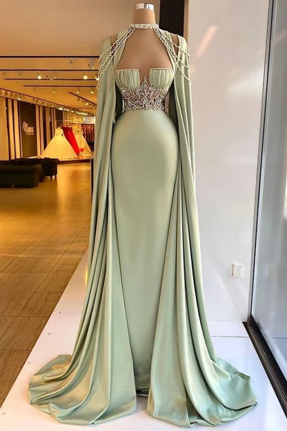 Elegant Halter Green Beads Prom Dress Long A Line Mermaid Dress HT0051