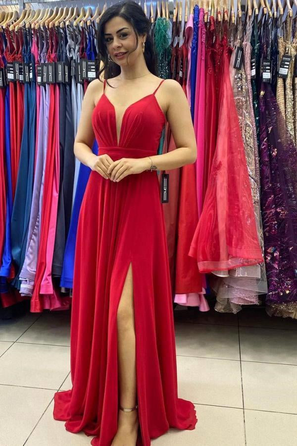 Spaghetti-Straps Red Prom Dress Long With Slit PD0478