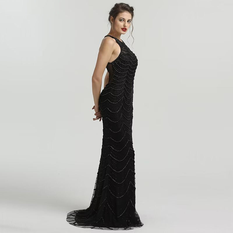 Okdais Black Sequin Tulle Prom Dress Mermaid Long Sleeveless LM0027