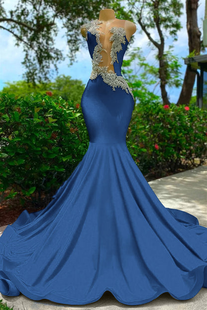 Royal Blue Mermaid Prom Dress Sleeveless Sexy Cut Out Appliques YL0100