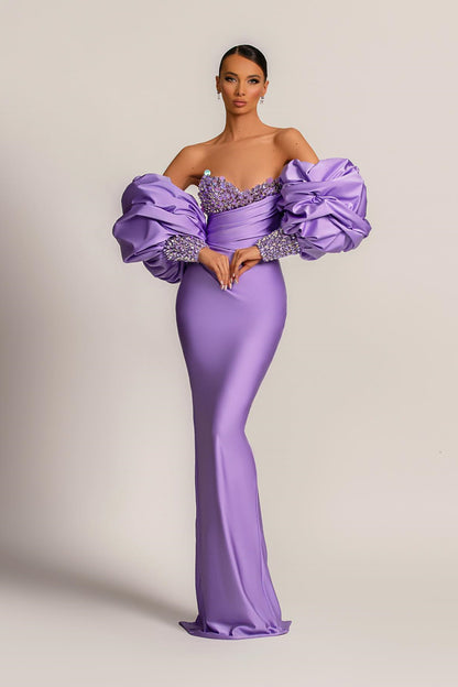 Purple Mermaid Prom Dress Bubble Sleeves Long Sleeves ED0606