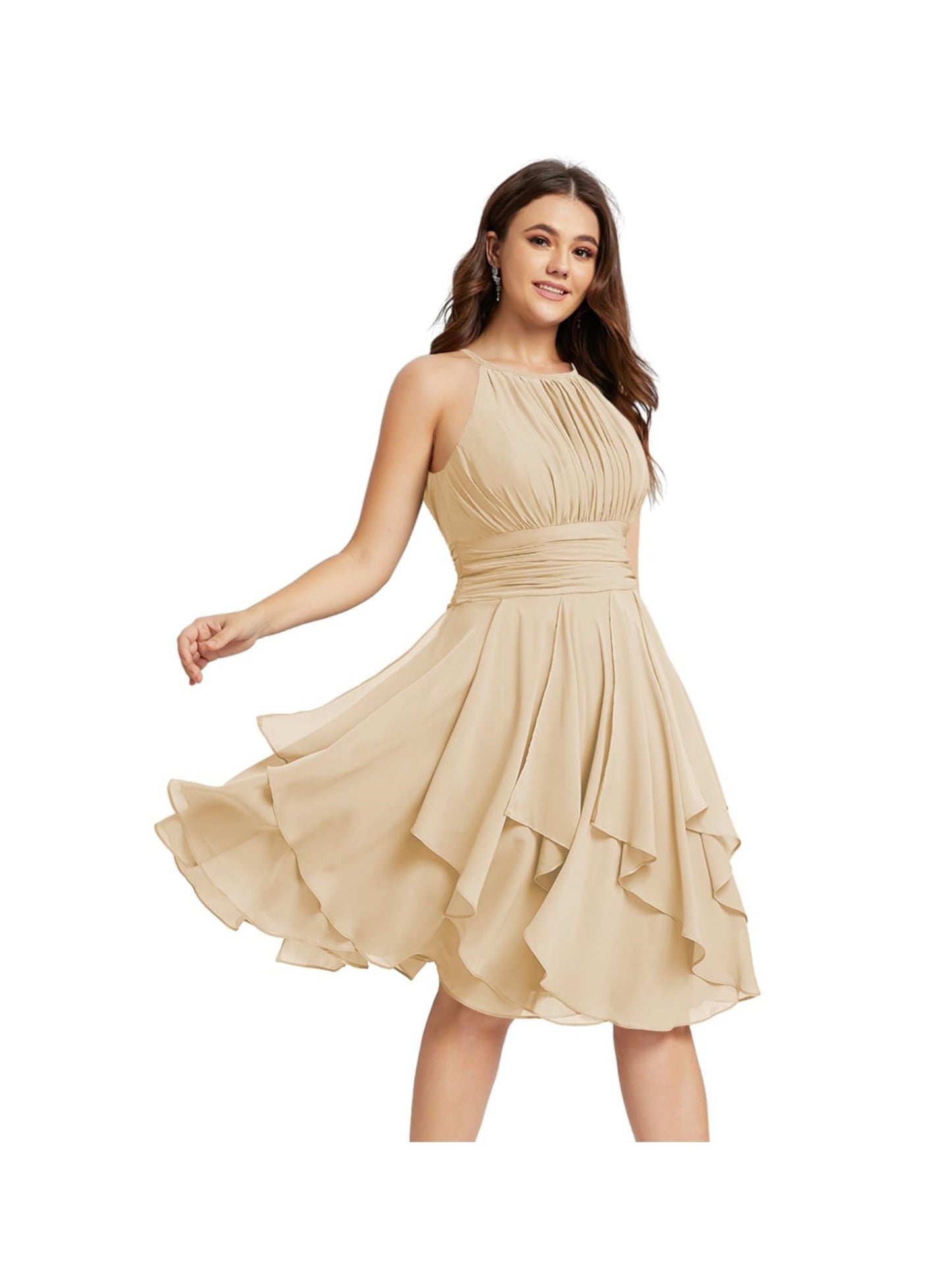 A Line/Princess Halter  Sleeveless Short/Mini  Bridesmaid Dresses Chiffon Ruffle Pleated Pockets