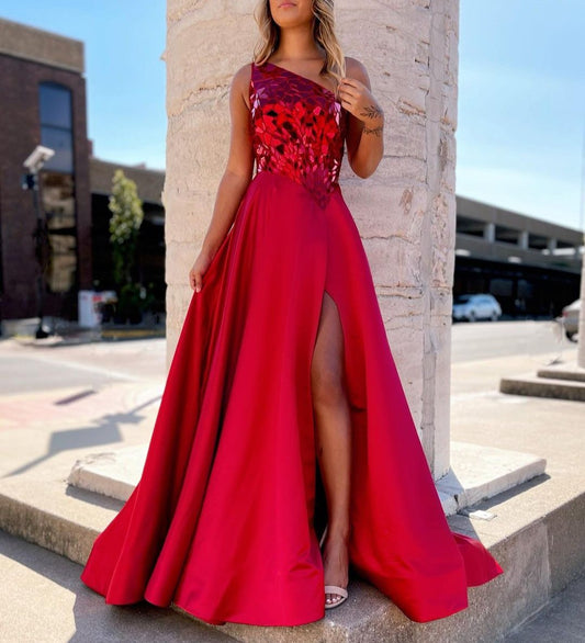 Magnolia |A Line One Shoulder Sequins Long Prom Dress with Slit