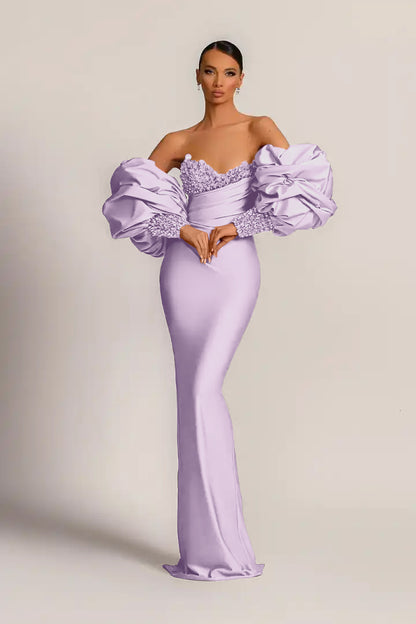 edgynewlook Purple Mermaid Prom Dress With Appliques Puff Sleeves