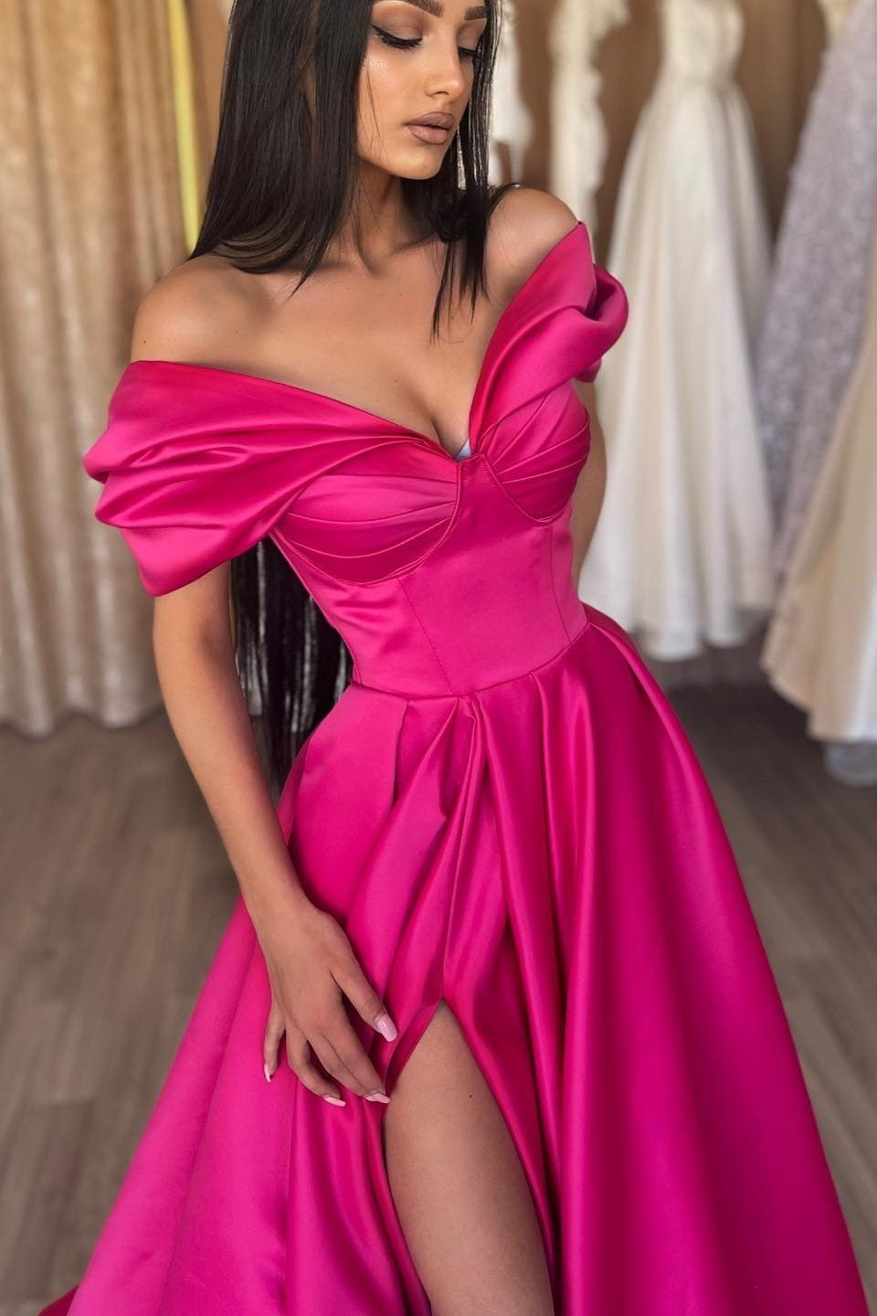 Fuchsia Portrait A-Line Prom Dress With Split PD0853