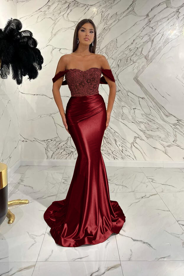 Elegant Off-The-Shoulder Mermaid Sequins Prom Dress With Beads Pleated ED0408