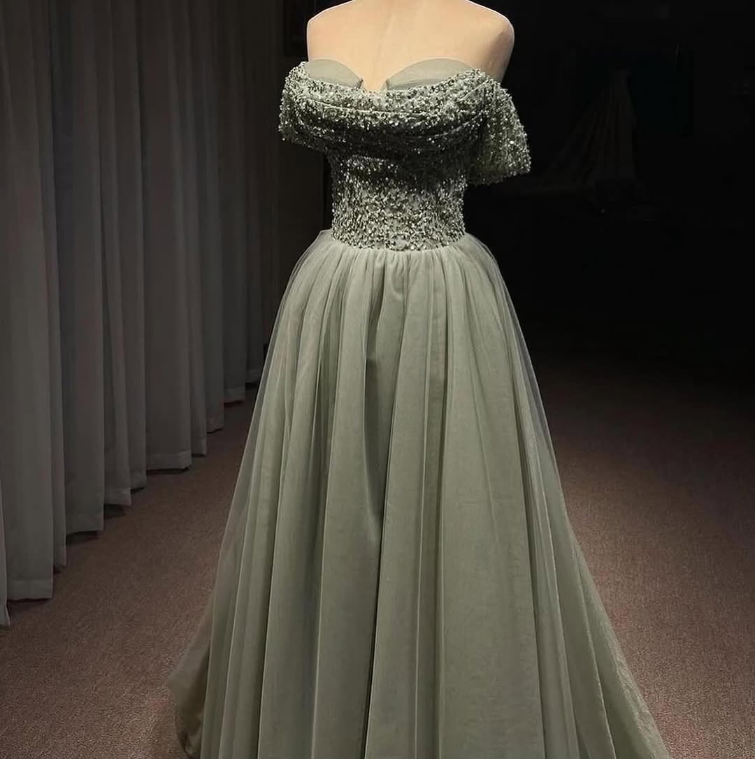 Sequins Green Off-The-Shoulder Tulle Long Prom Dress ZT0497