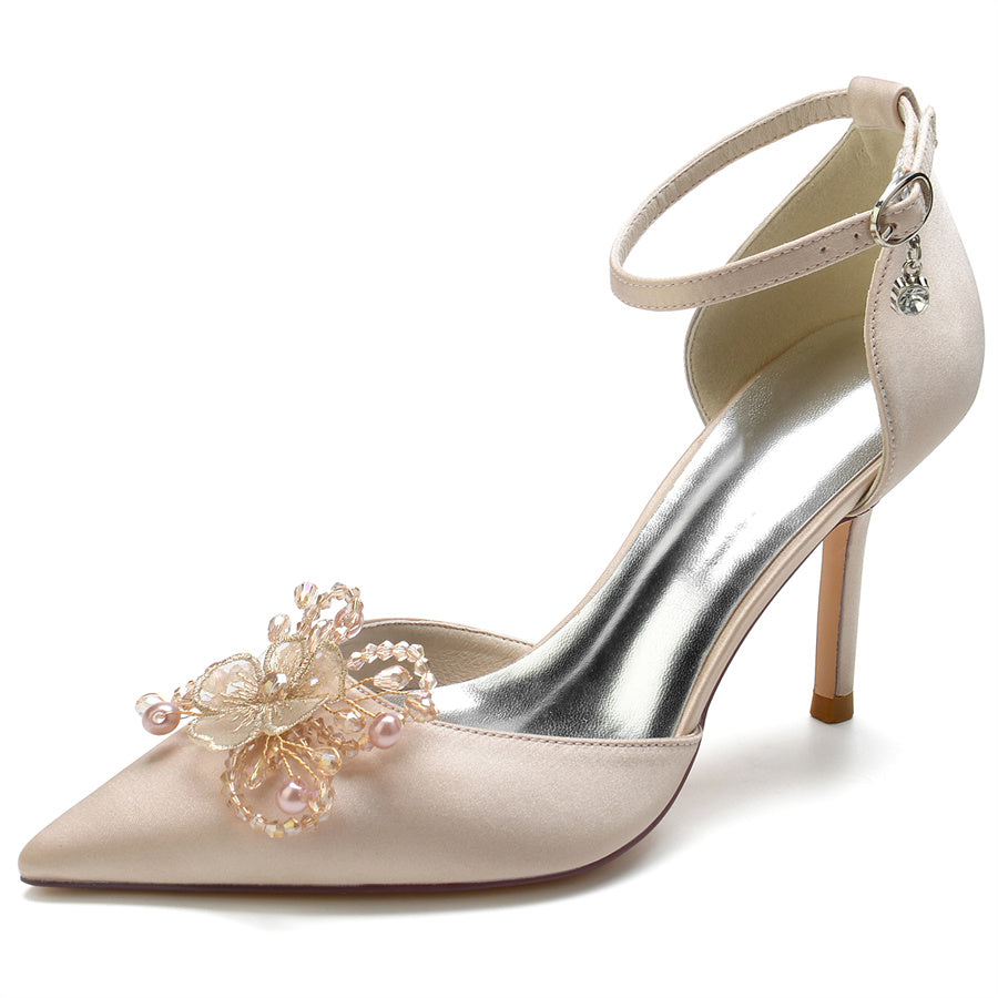 Women's Wedding Shoes Pointed Toe Stiletto Heel Bridal Shoes with Pearl Flowers