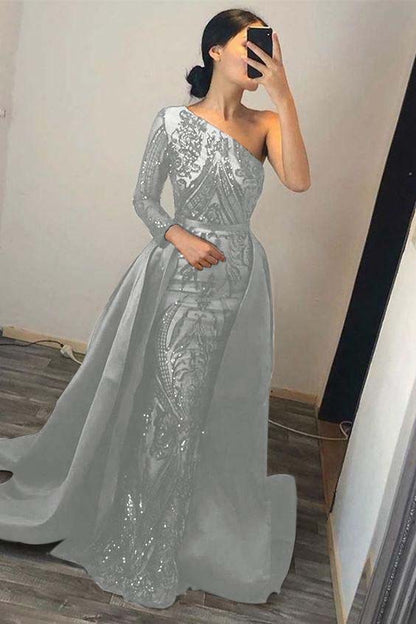 edgynewlook Dark Green Overskirt One Shoulder Long Sleeve Mermaid Prom Dress With Sequins