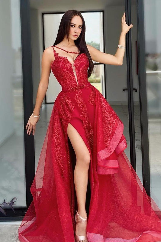 edgynewlook Stunning Red Tulle One Shoulder Sleeveless Applique Split Prom Dress with Ruffles