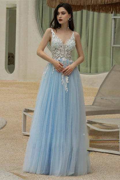 Edgynewlook Sky Blue Spaghetti-Straps Long Prom Dress With V-Neck Sweetheart Appliques