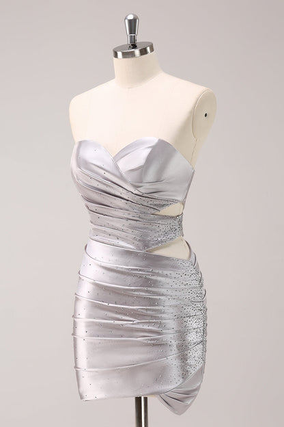 Silver Strapless Hollow Out Pleated Tight Homecoming Dress with Beading